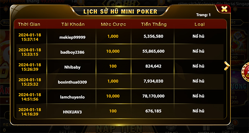 Giá trị thưởng lớn tại game Mini Poker